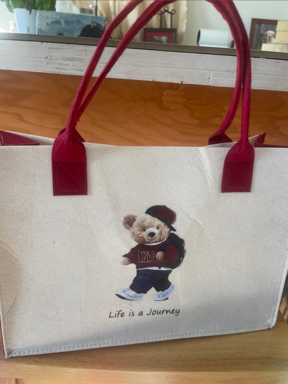 Cream Tote Bag with Red Handles and Bear “Life is a Journey”